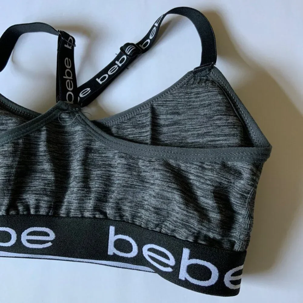 bebe Heathered Grey Black Logo Racerback Sports Bra Size Small